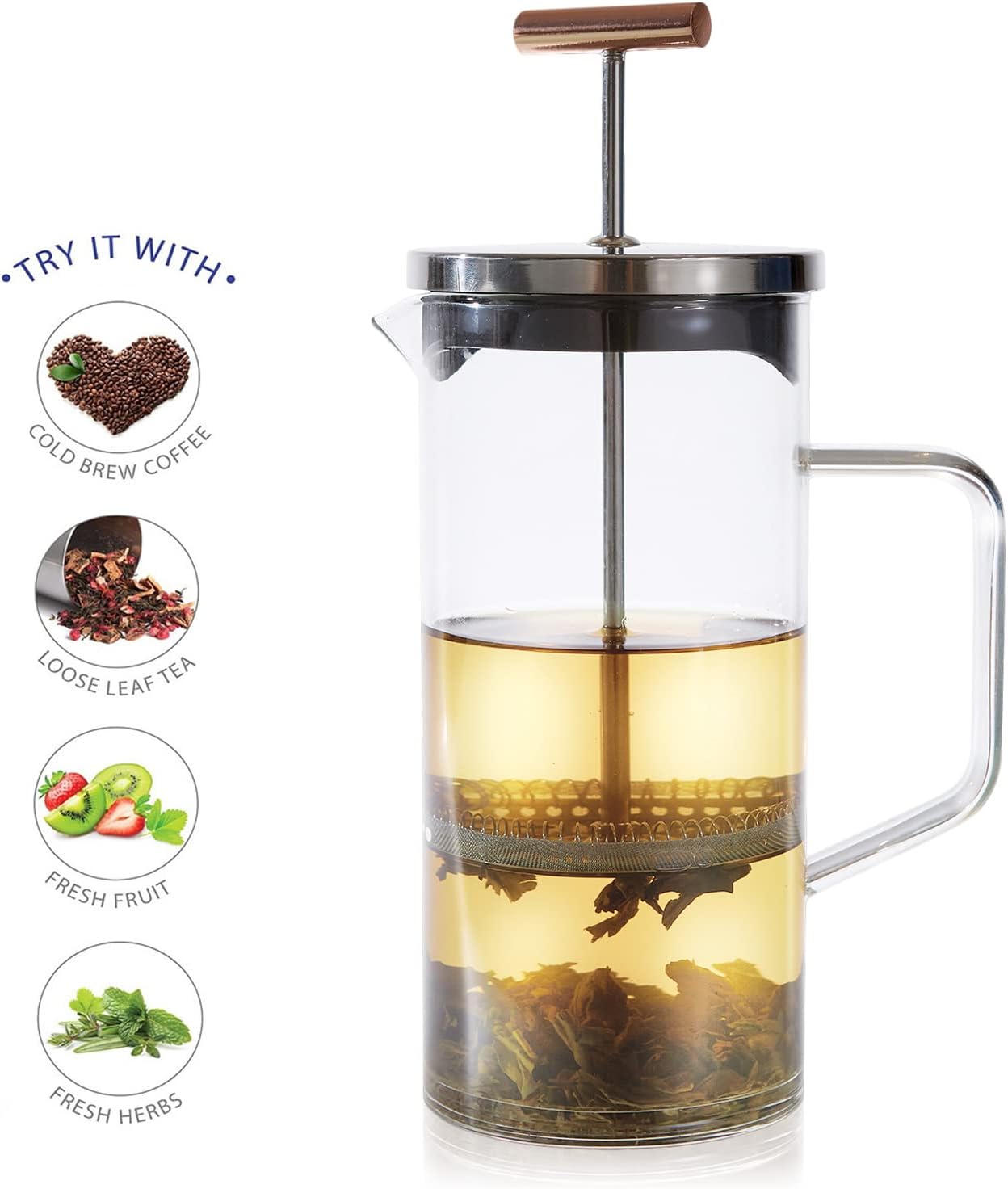 Teabloom Tea Press with Copper Pull Handle and Stainless Steel Filter – Tea Connoisseur's Choice – Pekoe Tea Maker, 34-Ounce