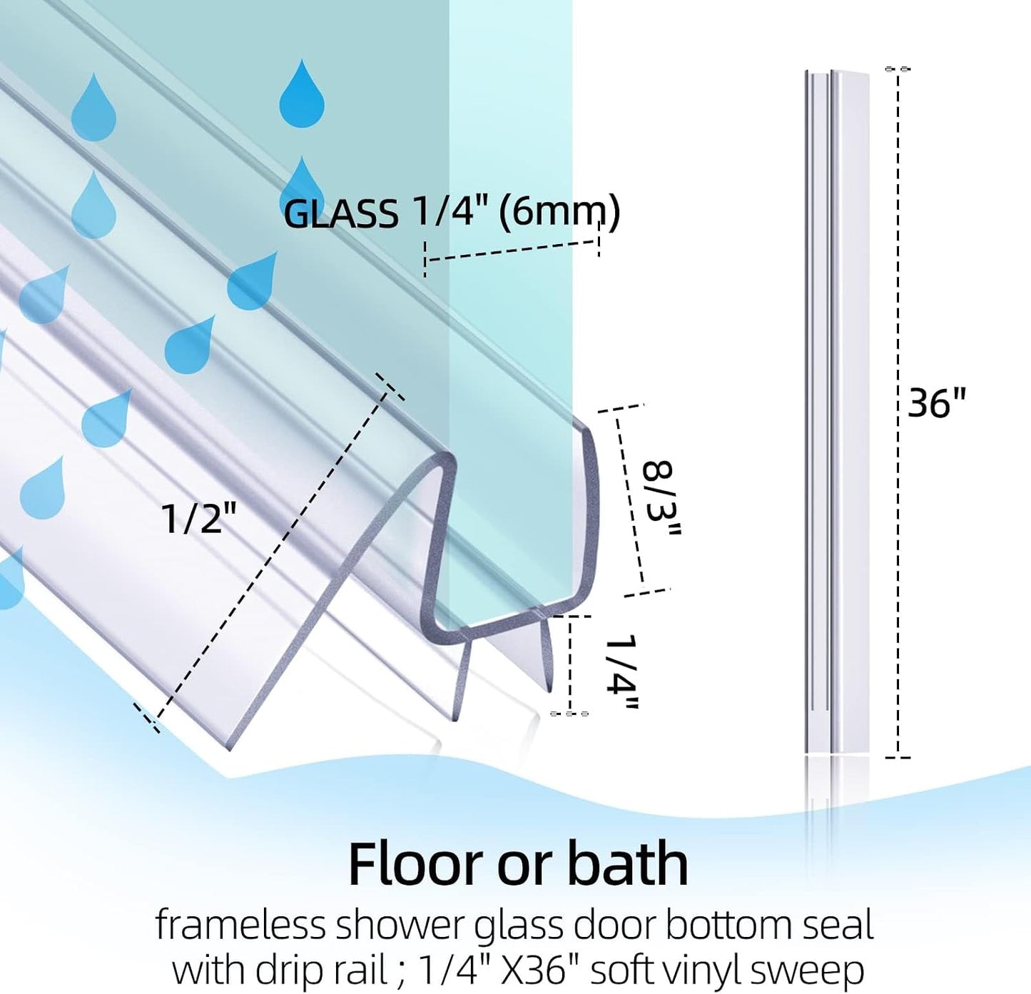 POZIA Shower Door Bottom Seal Frameless Glass Shower Door Seal Strip Clear Vinyl Durable Stop Shower Leaks and Create a Water Barrier Ultra Clear (1PACK-1/2in)