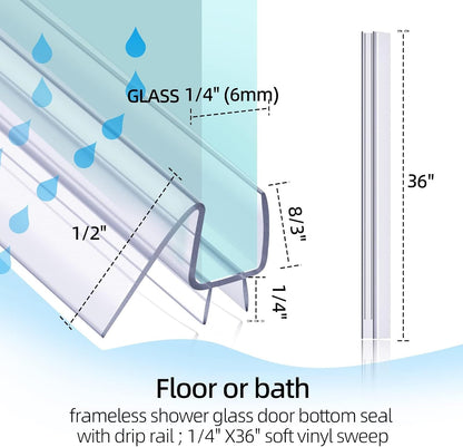 POZIA Shower Door Bottom Seal Frameless Glass Shower Door Seal Strip Clear Vinyl Durable Stop Shower Leaks and Create a Water Barrier Ultra Clear (1PACK-1/2in)