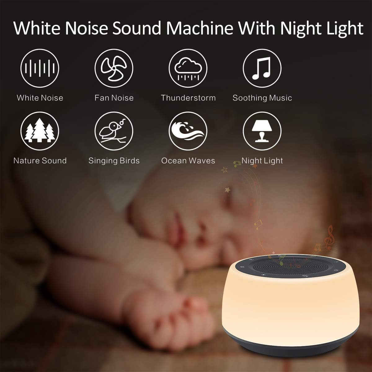 White Noise Machine with Night Lights, Sleep Sound Machine 32 Soothing Sounds for Baby Adults Kids Sleeping, Fan Wave Sound Lullaby, Timer and Memory Feature, RGB Color Touch Table Lamp