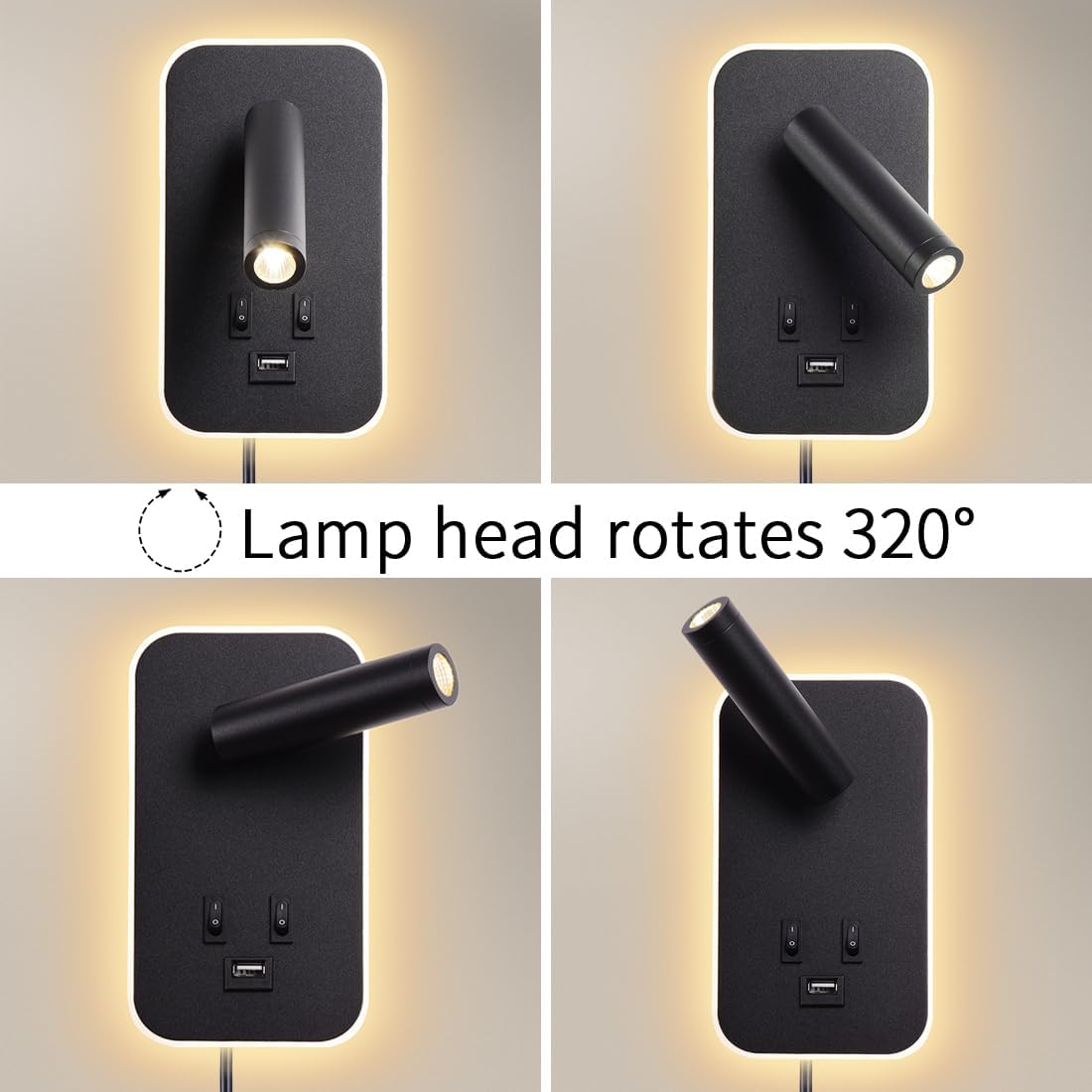 Wall Mounted LED Reading Light for Bed Headboard, Bedside Wall Sconces USB Charging, Night Light for Bedroom, Ambient Lighting Wall Mounted Sconce for Bedroom, Plug-in or Hardwired, Black