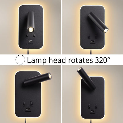 Wall Mounted LED Reading Light for Bed Headboard, Bedside Wall Sconces USB Charging, Night Light for Bedroom, Ambient Lighting Wall Mounted Sconce for Bedroom, Plug-in or Hardwired, Black