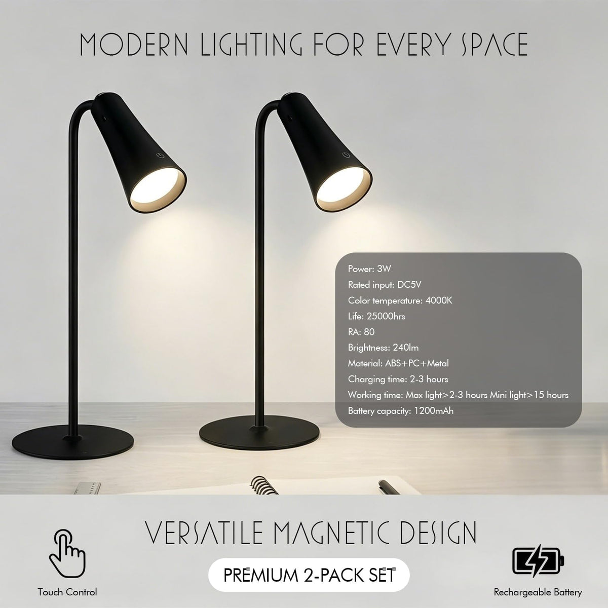 4-in-1 Rechargeable Desk Lamp, Clip and Wall Light, 2 Pack