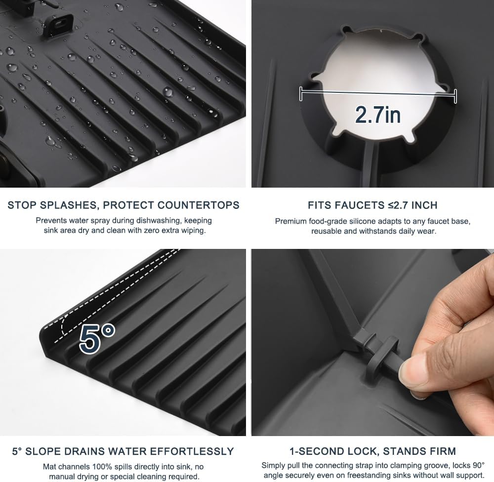 Silicone Sink Splash Guard Behind Faucet, Faucet Mat Backsplash Guard Black | Upgraded design, faucet mat for kitchen sink, drip catcher tray mat; dish soap sponge holder, kitchen counter bathroom sink