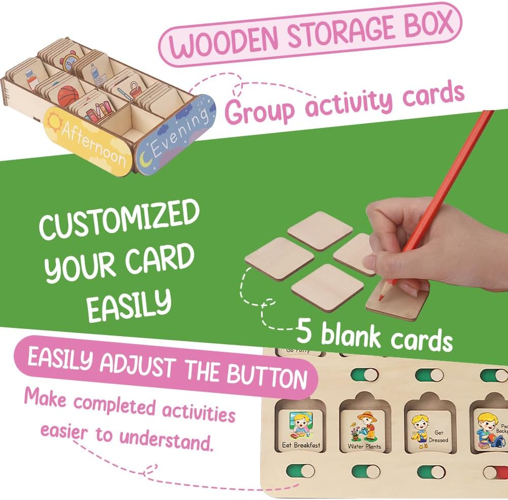 Daily Routine Chart for Kids, Visual Schedule, Routine Chart for Toddlers 3-5, Morning Bedtime Routine Chart for Toddlers, Wooden Chore Chart for Kids