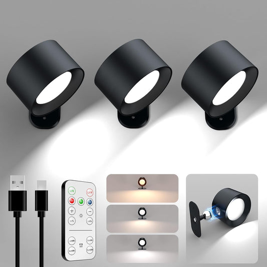 AOMEES Wall Lights Battery Operated Wall Sconce, 3 Color Temperatures & 3 Brightness Levels & Remote and Touch 360°Rotation, Mounted Cordless Lamp Magnetic Rechargeable Led Lights for Bedroom