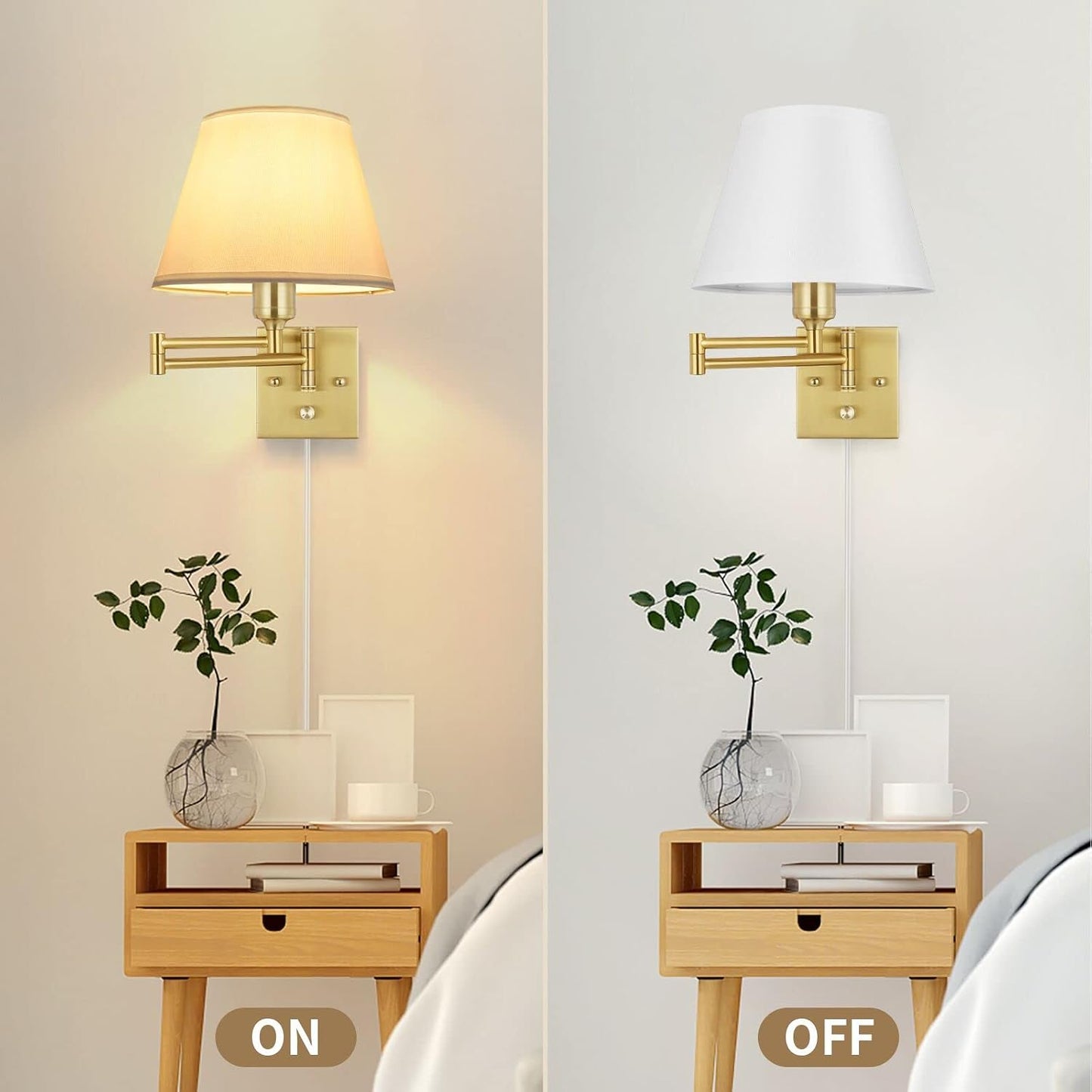 TRLIFE Wall Sconce Plug in, Dimmable Wall Sconces Set of Two Swing Arm Wall Lights with Plug in Cord and On/Off Dimmer Rotary Switch, 9.4" Medium Beige Fabric Shade(2 Pack, 2 Bulbs)