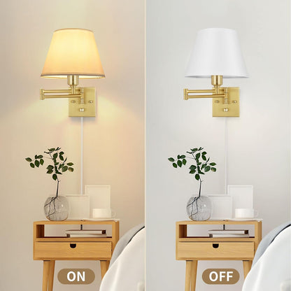 TRLIFE Wall Sconce Plug in, Dimmable Wall Sconces Set of Two Swing Arm Wall Lights with Plug in Cord and On/Off Dimmer Rotary Switch, 9.4" Medium Beige Fabric Shade(2 Pack, 2 Bulbs)