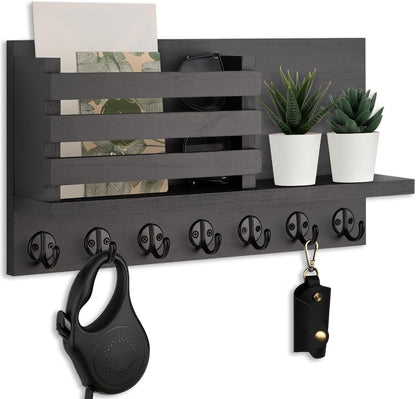 Lwenki Key Holder for Wall – Decorative Wooden Mail Holder and Key Shelf with Mounting Hardware, Installation Guide – Paulownia Wood with Metal Key Hooks (Black, Large - 11.8inch)