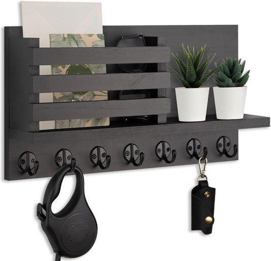 Lwenki Key Holder for Wall – Decorative Wooden Mail Holder and Key Shelf with Mounting Hardware, Installation Guide – Paulownia Wood with Metal Key Hooks (Black, Large - 11.8inch)