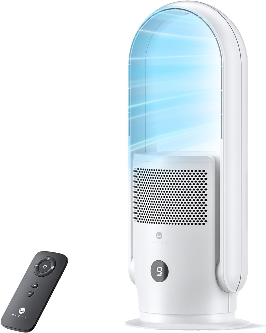 ULTTY Bladeless Tower Fan and Air Purifier Combo, Quiet Oscillating Fan with Remote & Touch Control, 9 Speeds, 8H Timer, HEPA Air Filter, Safe Floor Fan for Bedroom Home Office Black, 23.5"inch