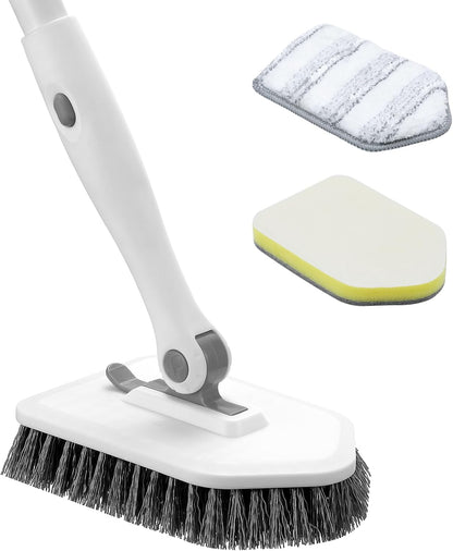 nacena Shower Scrubber with Long Handle, 4 in 1 Tile Tub Scrubber Brush with 3 Detachable Cleaning Heads and V-Shaped Grout Brush Shower Cleaner Brush for Bathroom Kitchen Toilet Tub Sink Wall, Black