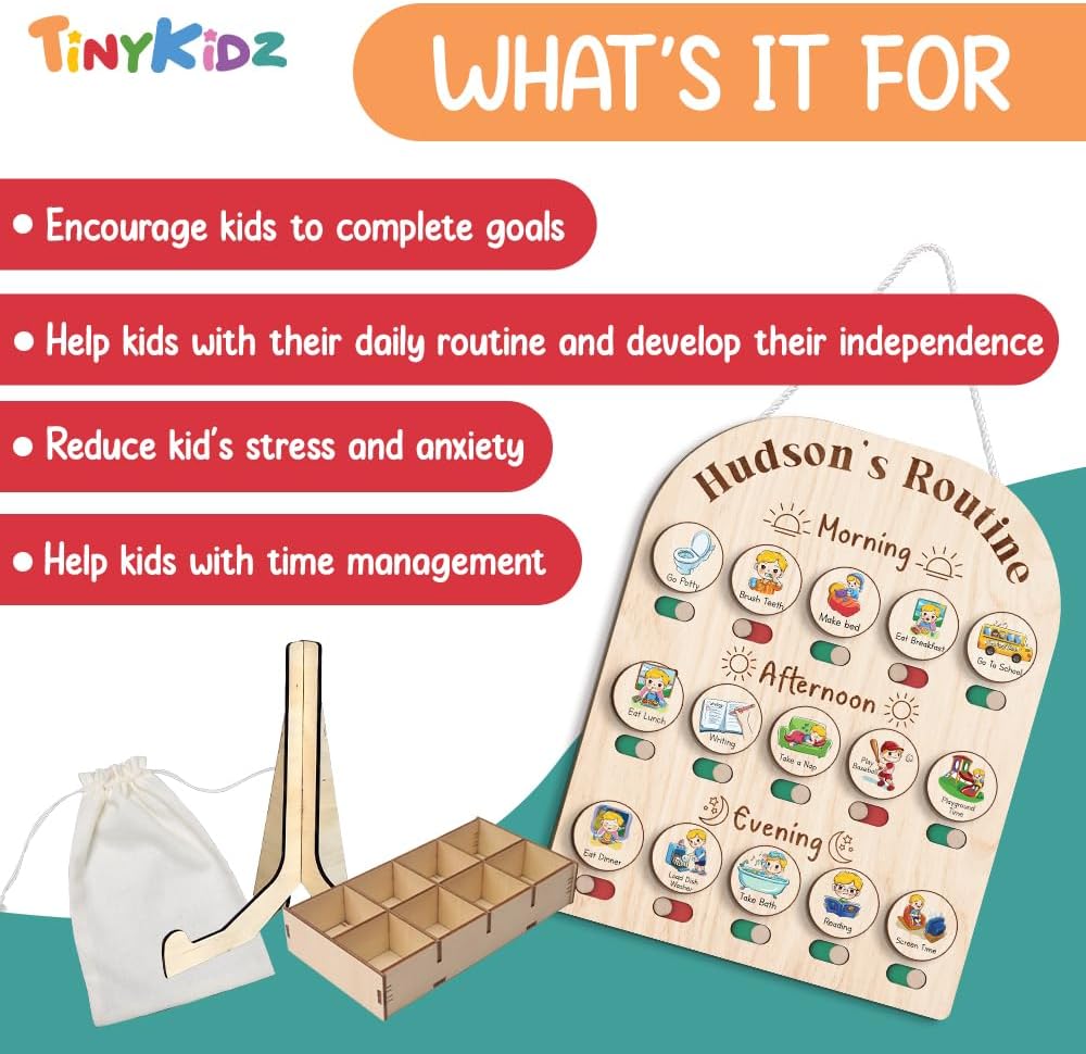 Daily Routine Chart for Kids, Visual Schedule, Routine Chart for Toddlers 3-5, Morning Bedtime Routine Chart for Toddlers, Wooden Chore Chart for Kids