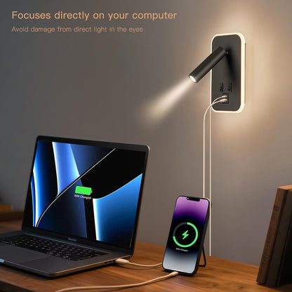 Bed Reading Light, Wall Mounted Reading Fixture with USB C+A Ports, Adjustable Headboard Sconces, Plug-in or Hardwired Bedside Lamp, Modern Black 10W+3W 3000K Warm Ambient lighting for Bedroom