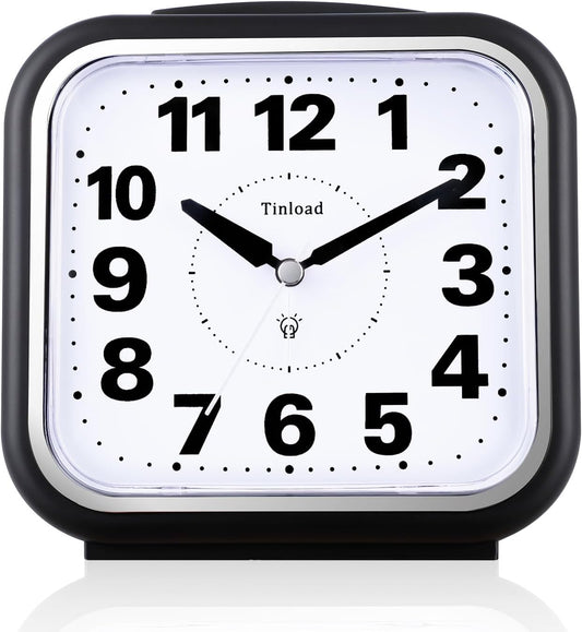 Tinload 5.5" Large No Ticking Analog Alarm Clock,Silent Readable for Seniors,Easy to Set,Gradual Rise Alarm,Big Numbers,Gentle Wake,Snooze, Lighted on Demand,Battery Operated,Black