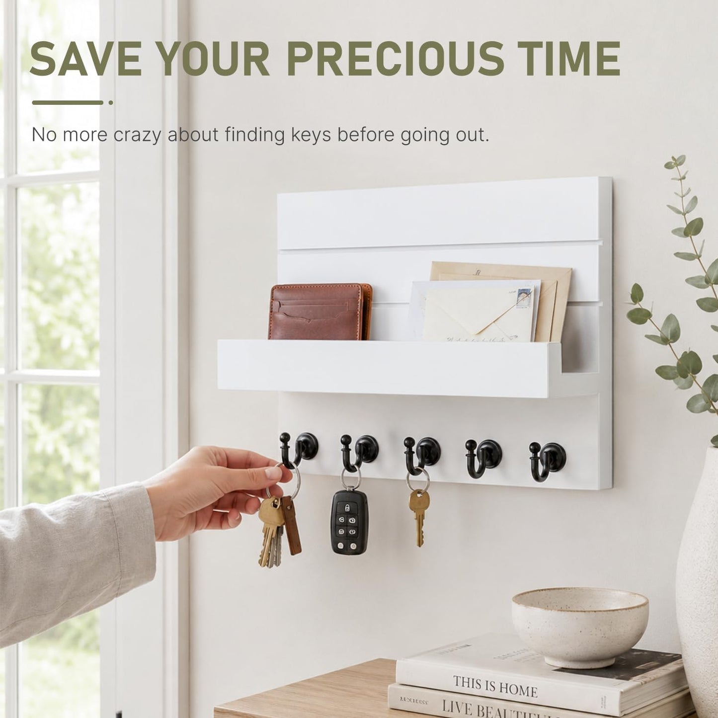 HONJIN Key Holder Wall Mount with Shelf and 5 Sturdy Key Hooks (White) | Key and Mail Holder Wall Mount, Wooden Entryway Organizer and Decorative, Easy Installation, 10*3.8*6.85 Inch