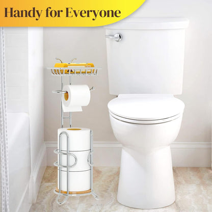 Toilet Paper Holder Stand with Shelf, Free Standing Tissue Roll Storage Rack with Dispenser for Bathroom, Black