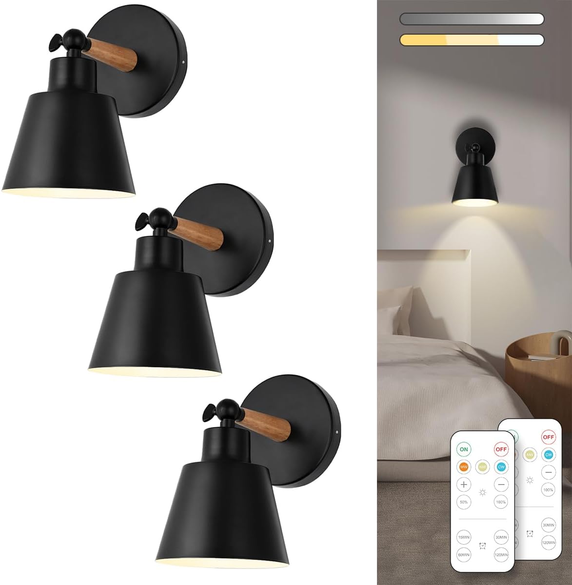 Black Battery Operated Wall Sconce Set of Two, Easy to Install Wireless Lights for Wall, Remote Control Dimmable LED Lights, Auto Timer Wall Lamp Fixtures for Bedroom, Gallery, Living Room, RV