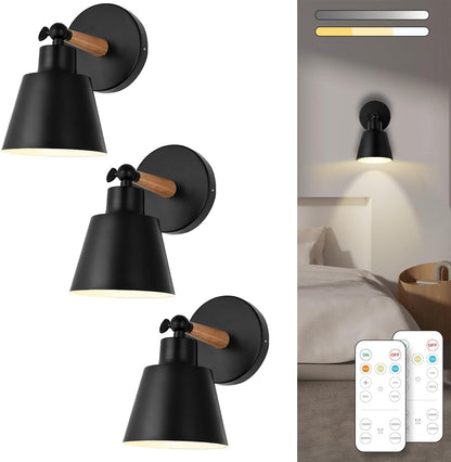Black Battery Operated Wall Sconce Set of Two, Easy to Install Wireless Lights for Wall, Remote Control Dimmable LED Lights, Auto Timer Wall Lamp Fixtures for Bedroom, Gallery, Living Room, RV