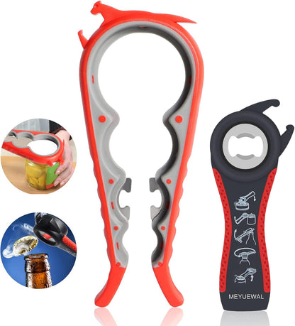Jar Opener Bottle Opener for Weak Hands, 5 in 1 Multi Function Can Opener Bottle Opener Kit with Silicone Handle Easy to Use for Children, Elderly and Arthritis Sufferers (New red)