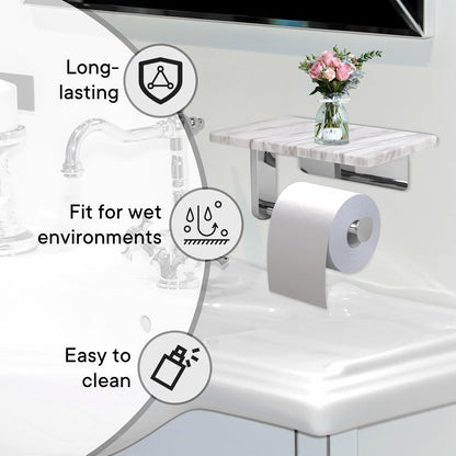 Toilet Paper Holder with Natural Marble Shelf for Bathroom Washroom,Wall Mounted Tissue Holder Suitable for Mega Roll (Brushed Nickel,Small 6.7 * 4.3 in)