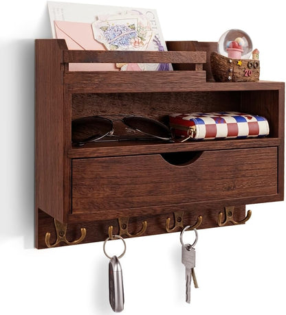 Key and Mail Holder for Wall, Wooden Key and Mail Organizer | Decorative Paulownia Wood Key Rack with Drawer and 8 Hooks for Dog Leash and Sunglasses, for Bags, Coats, Umbrella