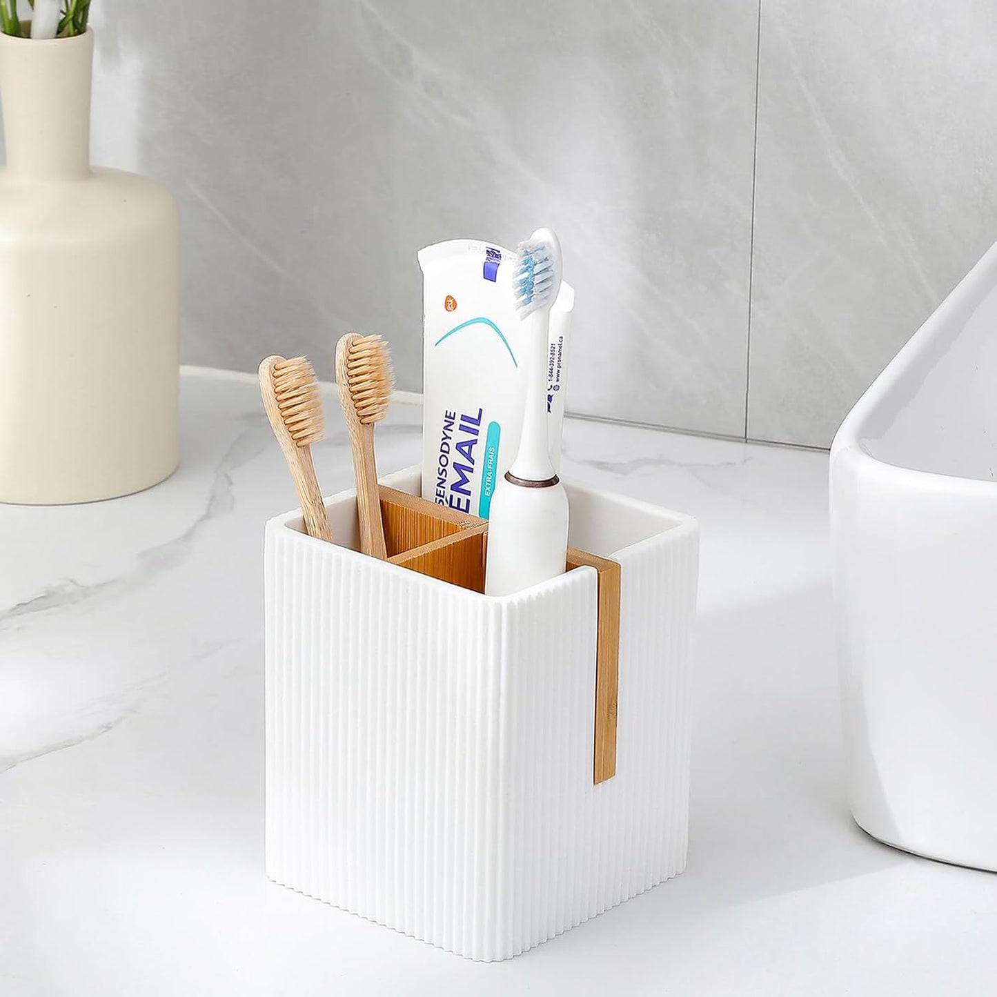 Toothbrush Holders for Bathroom, Bamboo Electric Toothbrush Stand, White | Toothbrush and Toothpaste Organizer for Sink Countertop, Bathroom Storage Stand for Brushing Accessories