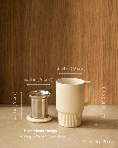 Ceramic Tea Mug with Stainless Steel Infuser and Lid, Ribbed Loose Leaf Tea Cup, Comfort-Grip Curved Handle, Minimalist Aesthetic Coffee Mug for Home Office, 20oz (Matte Buttercream)