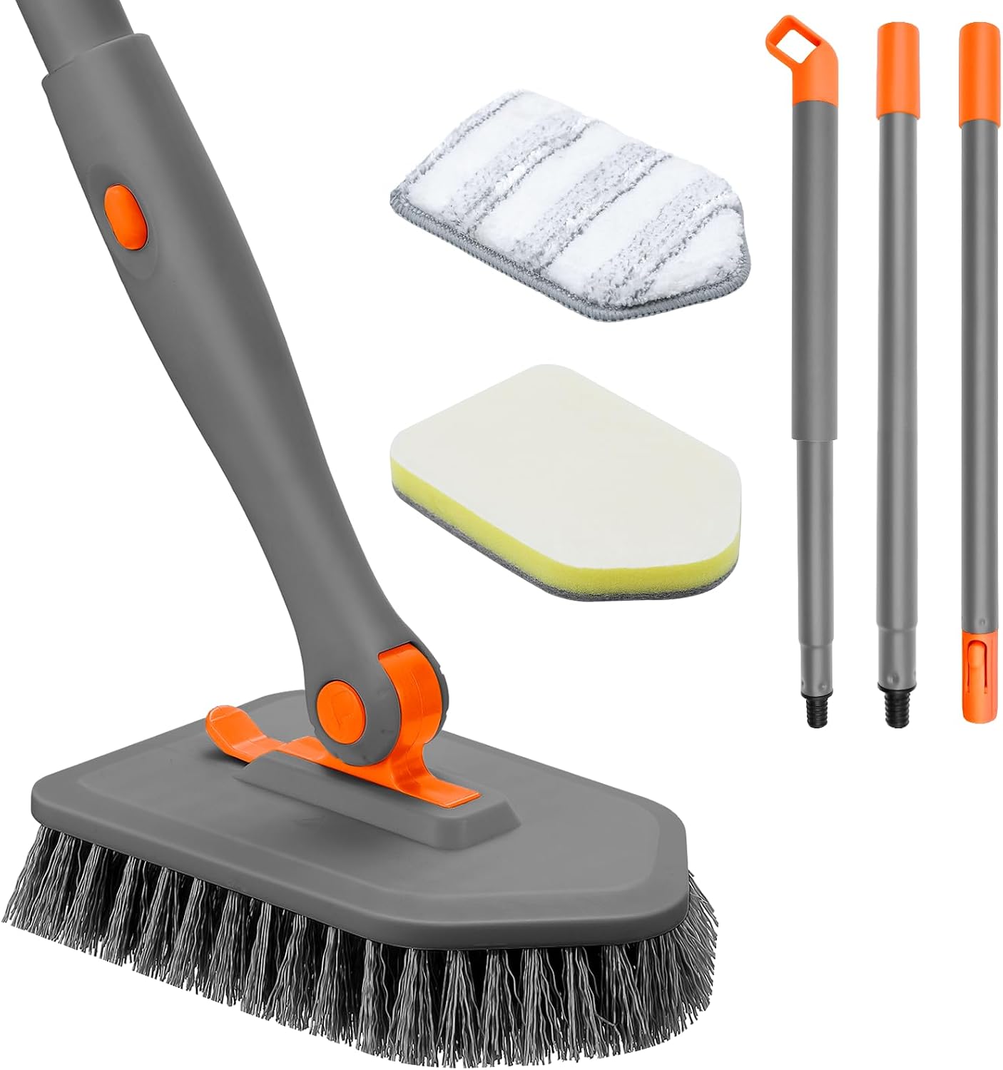 nacena Shower Scrubber with Long Handle, 4 in 1 Tile Tub Scrubber Brush with 3 Detachable Cleaning Heads and V-Shaped Grout Brush Shower Cleaner Brush for Bathroom Kitchen Toilet Tub Sink Wall, Black