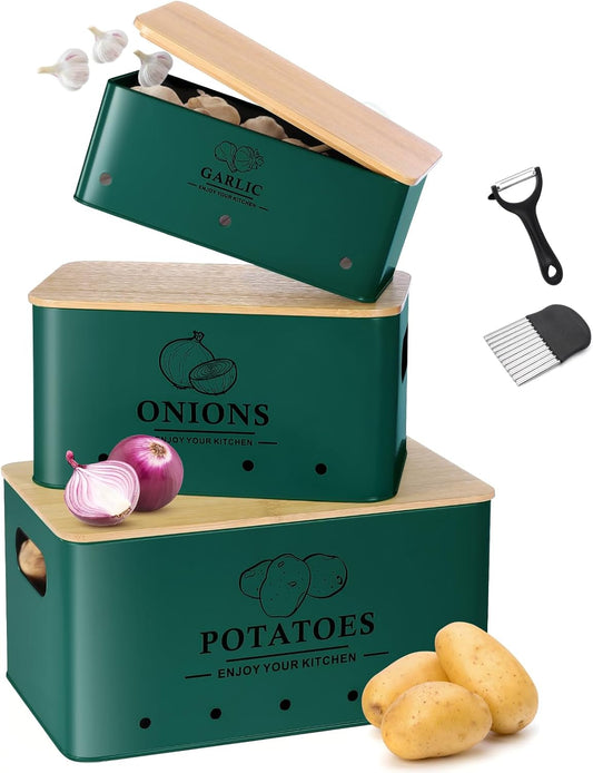 Kitchen Vegetable Storage Set of 3, Metal Onion Garlic Potato Storage Set, Kitchen Canisters Vegetable Keeper Containers with Aerating Holes and Bamboo Lid,Black