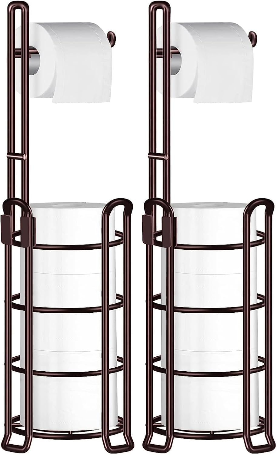 TomCare Toilet Paper Holder Free Standing with Shelf, Stable 4 Raised Feet | Stores 4 Mega Rolls, Tool-Free Assembly, Powder-Coated Metal Frame, Bathroom Storage Organizer for Spare Rolls, Silver