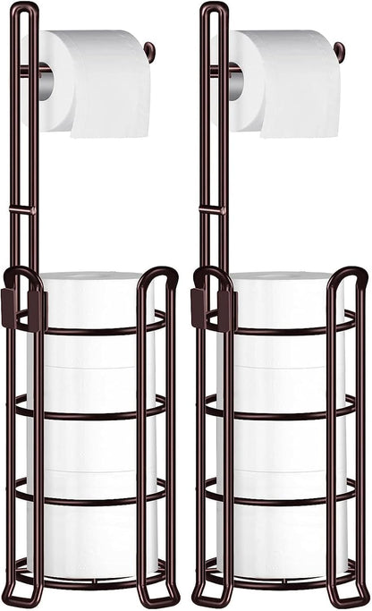 TomCare Toilet Paper Holder Free Standing with Shelf, Stable 4 Raised Feet | Stores 4 Mega Rolls, Tool-Free Assembly, Powder-Coated Metal Frame, Bathroom Storage Organizer for Spare Rolls, Silver