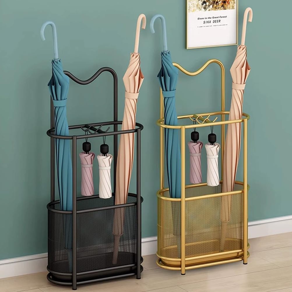 Metal Umbrella Holder Stand,Metal Umbrella Stand for Entryway, Stand Cane Holder with Drip Tray, Umbrella Rack Storage Bin Freestanding,Gold