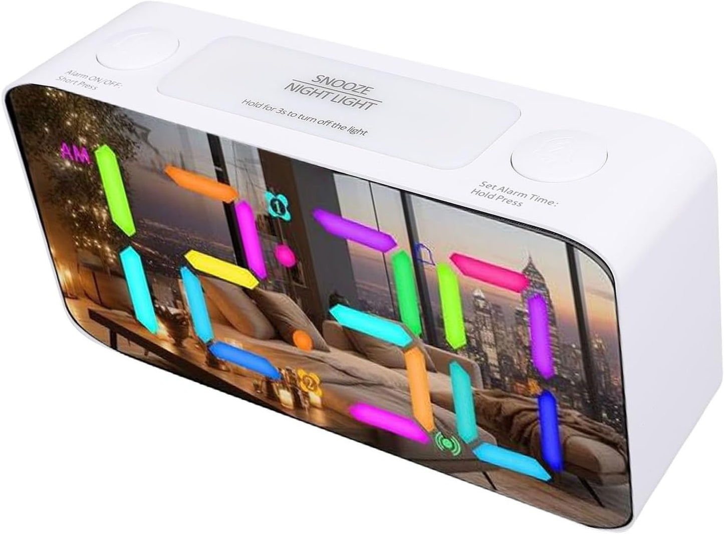 7 Inch Vibrant RGB Mirror Alarm Clock with Powerful Bed Shaker for Heavy Sleepers Seniors ABS Screen Material (White)