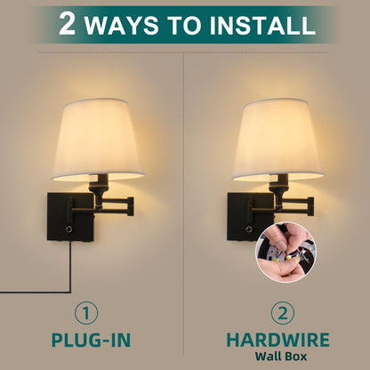 Bedside Wall Mount Light with Dimmable Switch and Outlet, Swing Arm Fabric Shade Wall Sconce Light with USB Port and Plug in Cord, Black Wall Lamp for Bedroom, Living Room and Hotel