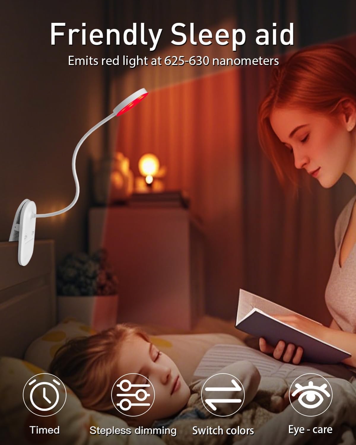 Red Book Light, Rechargeable Clip On 625nm LED Light for Reading | Timer, Red Light Sleep Aid, Bedside Lamp, For Workbench, For Kids & Studying