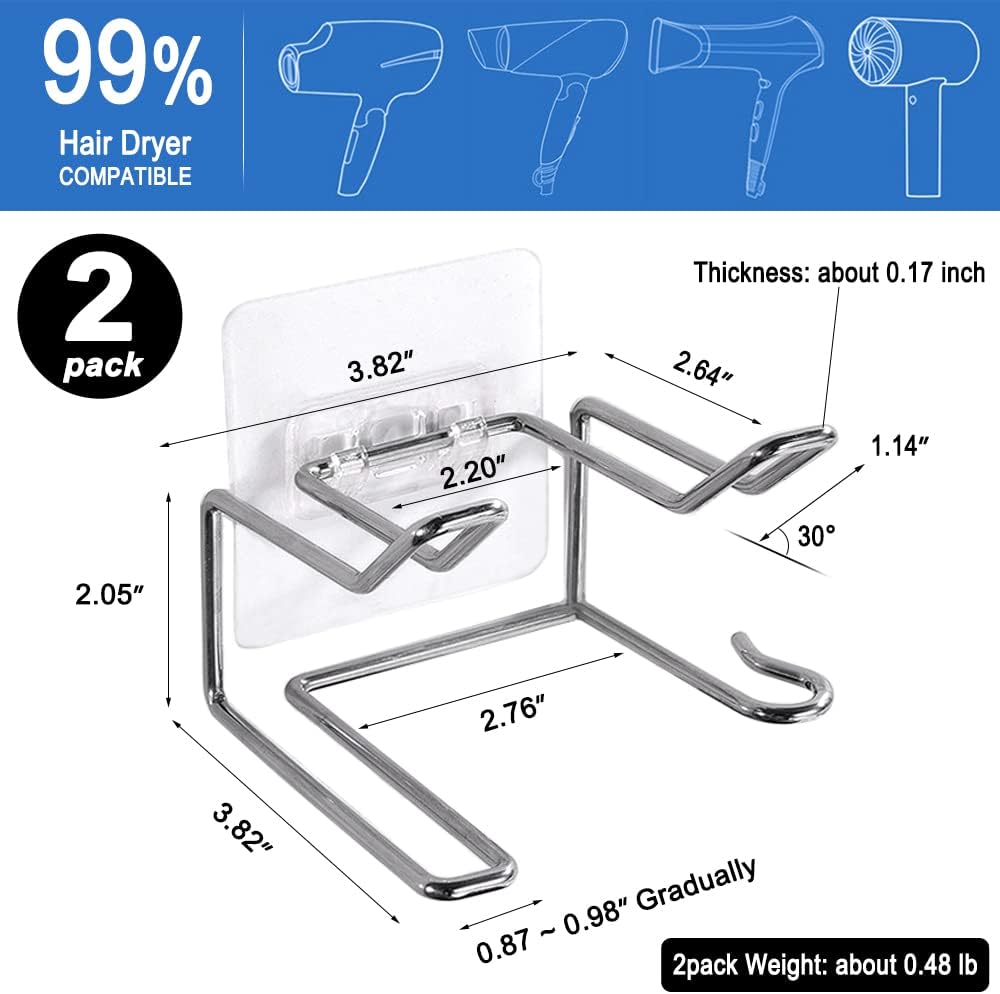 2 Pack Hair Dryer Holder, Wall Mount Self Adhesive Waterproof Blow Dryer Rack Storage Organizer Hanger, Compatible with Dyson and Most Hair Blower Appliance, Brush, Curling Iron, Straightener