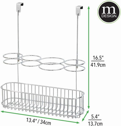 mDesign Metal Over Door Bathroom Hair Care & Styling Tool Organizer Storage Basket for Hair Dryer, Flat Irons, Curling Wands, Hair Straighteners - Hang Inside/Outside Cabinet Doors - Chrome