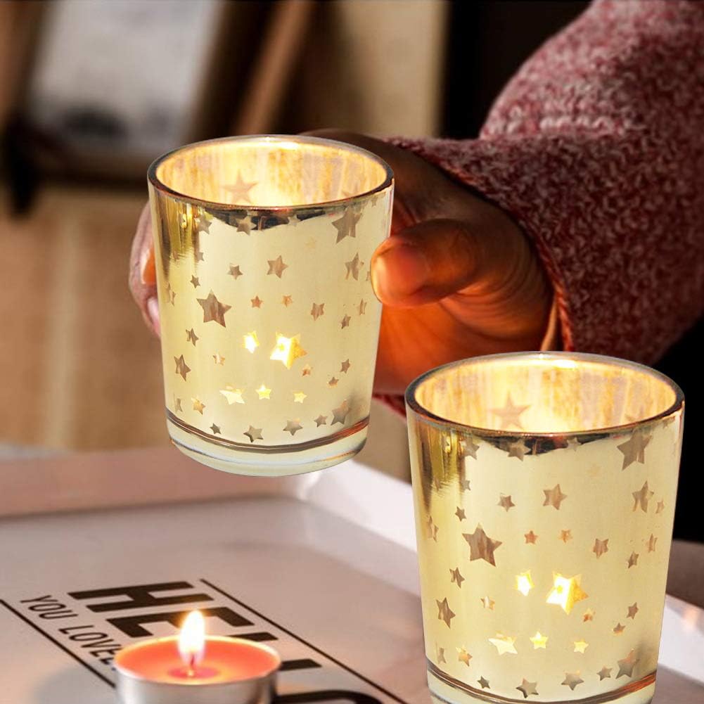 Gold Votive Candle Holder Set of 12, Mercury Bulk Glass Tealight Candle Stands, Perfect for Home, Parties, and Wedding Decor-Tea Light Candles not Included