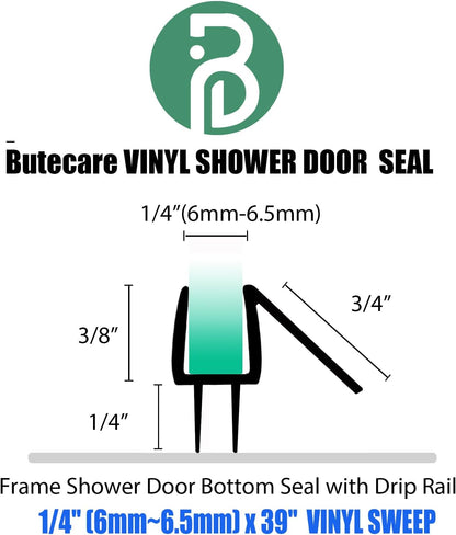 2-Pack Butecare Frameless Shower Door Bottom Seal for Glass Doors – Stop Shower Leaks and Create a Water Barrier (3/8” x 39”)