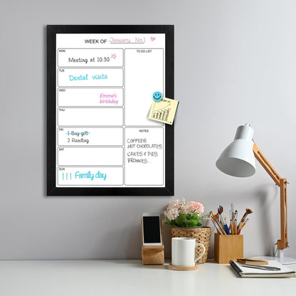 Weekly Dry Erase Whiteboard Calendar, 15.7"x11.8" Magnetic Surface Memo Board, Minimal Design Weekly Planner for Wall, Black Wood Frame Dry Erase Board for Office School Home(ZLBB-S-BK-2636)