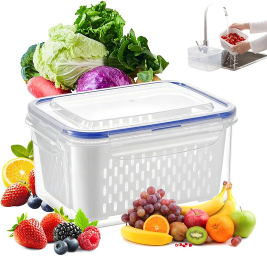 Fruit Storage Containers for Fridge, 2026 New Airtight Produce Storage Containers with Lids, Stackable Refrigerator Organizer Bins for Berries, Vegetables, Lettuce, Grapes (Blue, Small)
