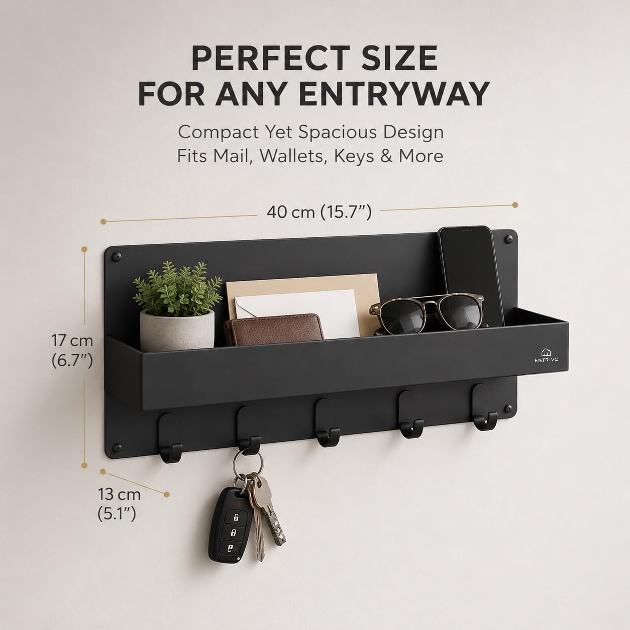 Modern Large Wall Mounted Key Holder with Deep Shelf, Entryway Organizer with 5 Heavy Duty Hooks, Metal Key Rack for Wall, Mail Holder & Dog Leash Hanger, Black