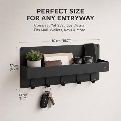Modern Large Wall Mounted Key Holder with Deep Shelf, Entryway Organizer with 5 Heavy Duty Hooks, Metal Key Rack for Wall, Mail Holder & Dog Leash Hanger, Black