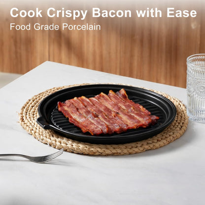 ONEMORE Microwave Bacon Cooker, Ceramic Bacon Tray with Splatter Cover | Meat Rack for Oven Cooking Crispy Bacon Maker with Collapsible Lid - 13 inch Round Bacon Dish Plate, Dishwasher Safe, White