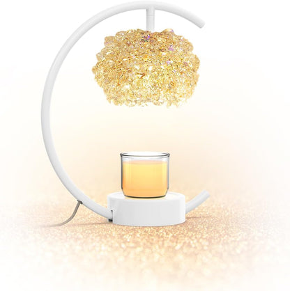 Yeuslor Gold Candle Warmer Lamp for Jar Candles with Adjustable Brightness＆Timer，Handcrafted Crystal＆Wooden Base, Luxurious Design,Home Decoration Electric Candle lamp(C-Shaped)
