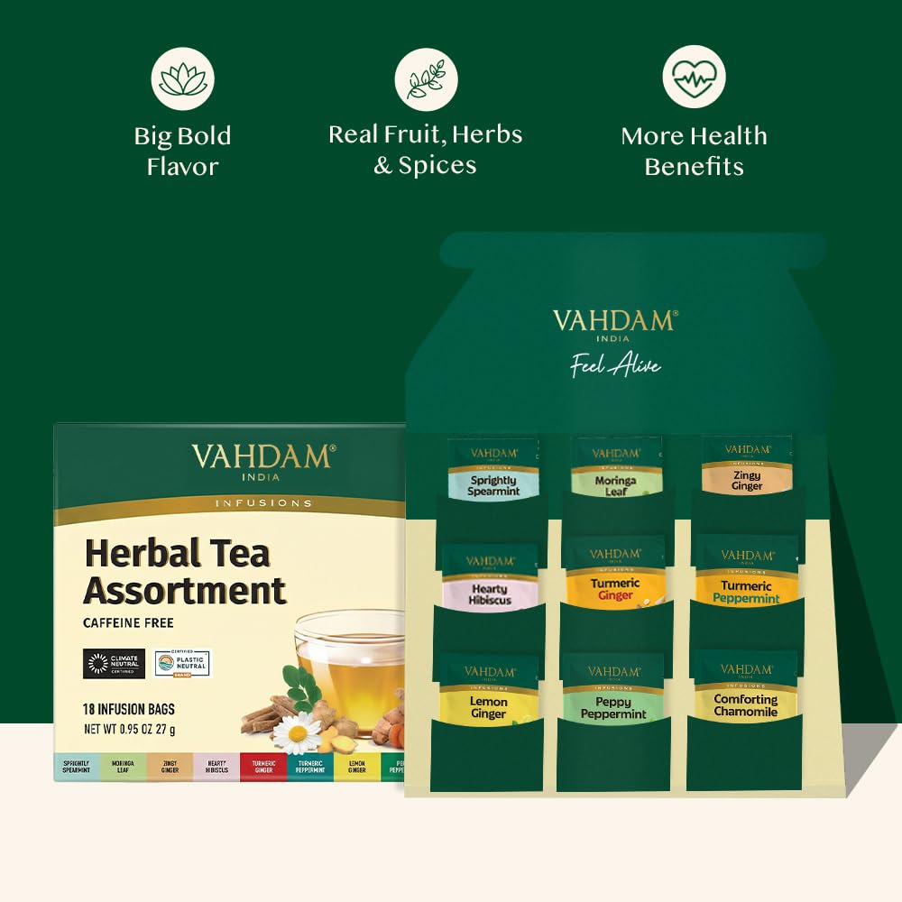 VAHDAM, Assorted Herbal Tea Sampler (18 Tea Bags, 9 Flavors) Caffeine-Free, Non-GMO | Double Infusion, Individually Enveloped Tea Bags | Herbal Tea Assortmen