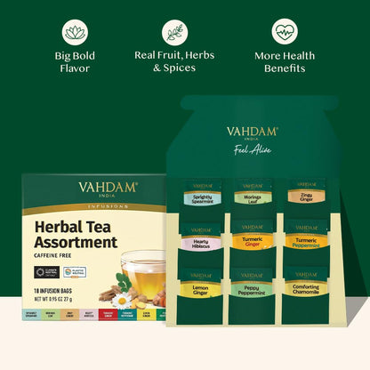 VAHDAM, Assorted Herbal Tea Sampler (18 Tea Bags, 9 Flavors) Caffeine-Free, Non-GMO | Double Infusion, Individually Enveloped Tea Bags | Herbal Tea Assortmen