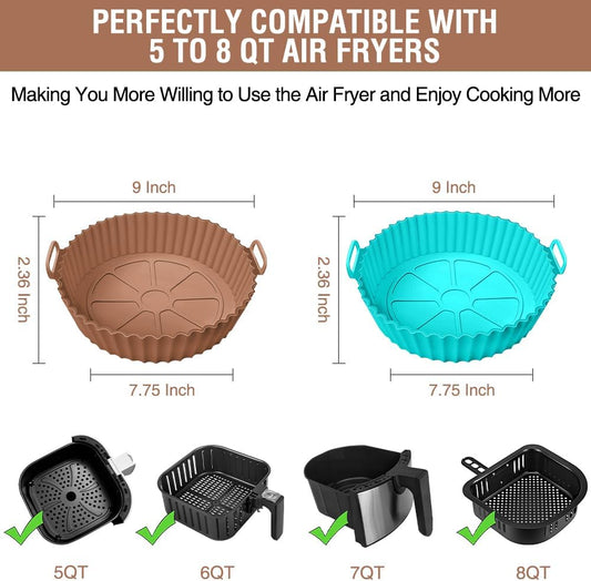 Silicone Air Fryer Liner 2 Pack, Xabzhzn 9 inch Non-Stick Reusable Air Fryer Liners for 5 to 6 7 8 QT Square and Round Basket, Airfryer Silicone Pot Baking Tray Oven Microwave Accessories, Blue+Brown
