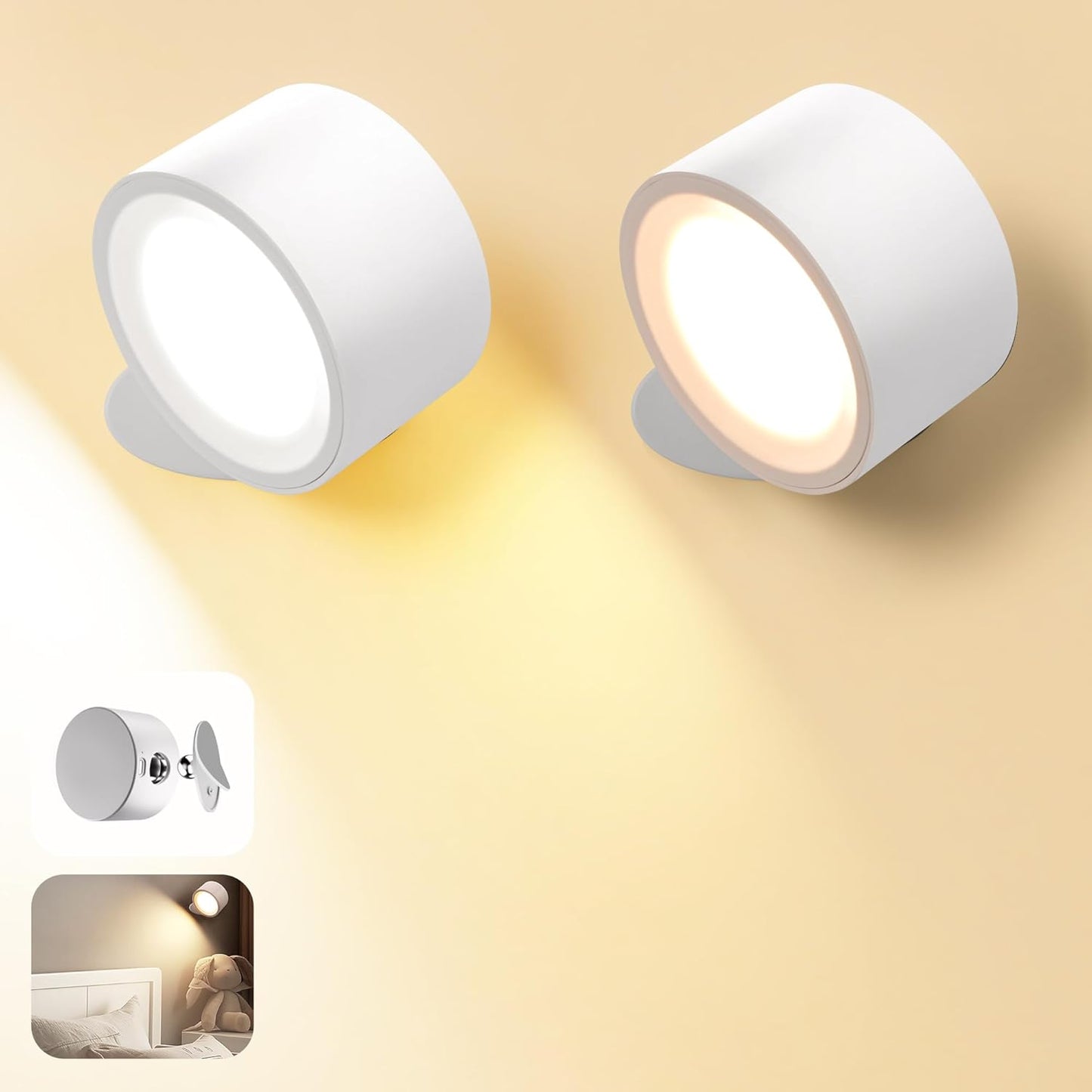 Wall Mounted Lamp, Rechargeable Battery Operated Wall Lights, Wood-2 Pack | Rechargeble Renter Friendly, 3 Color Temperatures & 3 Brightness Levels 360°Rotate Magnetic Ball, Sconces for Reading Bedroom